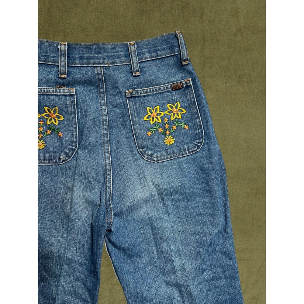 Vintage 70s Cheap Jeans Womens Flare High Waist Embroidered Flower Denim Blue